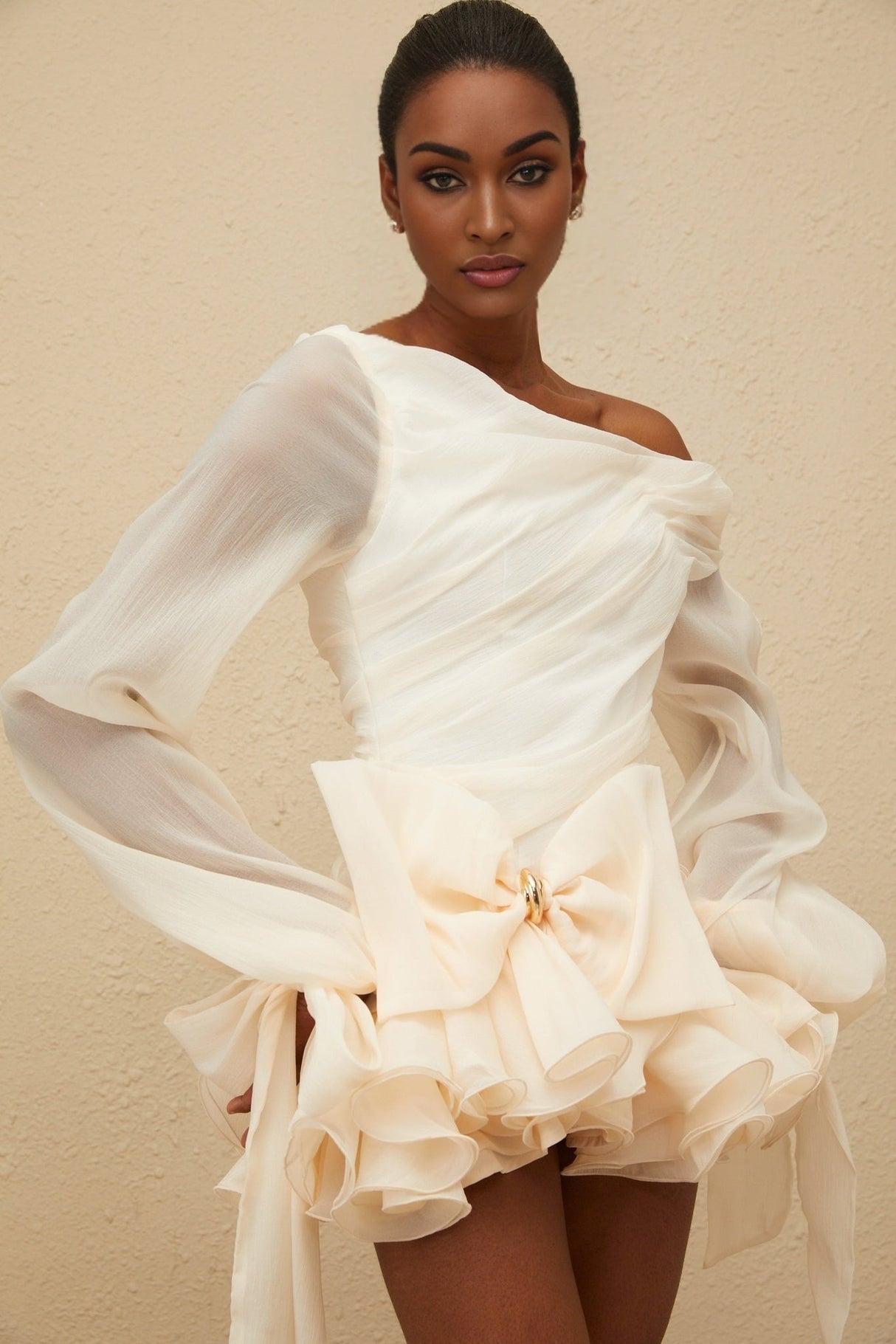 Holland One Shoulder Mini Dress - Long Puff Sleeves - Ruched Detailing - Oversize Bowknot - Bubble Hem Skirt