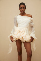 Holland One Shoulder Mini Dress - Long Puff Sleeves - Ruched Detailing - Oversize Bowknot - Bubble Hem Skirt