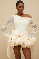 Holland One Shoulder Mini Dress - Long Puff Sleeves - Ruched Detailing - Oversize Bowknot - Bubble Hem Skirt