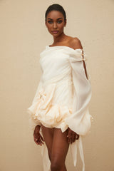 Holland One Shoulder Mini Dress - Long Puff Sleeves - Ruched Detailing - Oversize Bowknot - Bubble Hem Skirt