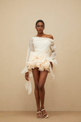 Holland One Shoulder Mini Dress - Long Puff Sleeves - Ruched Detailing - Oversize Bowknot - Bubble Hem Skirt