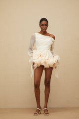 Holland One Shoulder Mini Dress - Long Puff Sleeves - Ruched Detailing - Oversize Bowknot - Bubble Hem Skirt