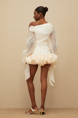 Holland One Shoulder Mini Dress - Long Puff Sleeves - Ruched Detailing - Oversize Bowknot - Bubble Hem Skirt