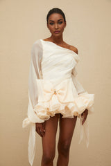 Holland One Shoulder Mini Dress - Long Puff Sleeves - Ruched Detailing - Oversize Bowknot - Bubble Hem Skirt