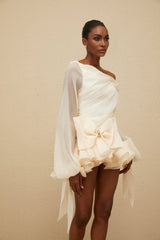 Holland One Shoulder Mini Dress - Long Puff Sleeves - Ruched Detailing - Oversize Bowknot - Bubble Hem Skirt