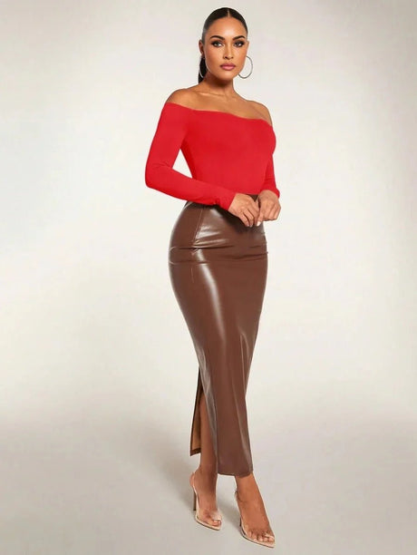 Holly Bodysuit - Off - Shoulder Neckline - Asymmetrical, Open Back - Casual Style - Long Sleeve Length - Medium Stretch Fabric - Adjusted Fit