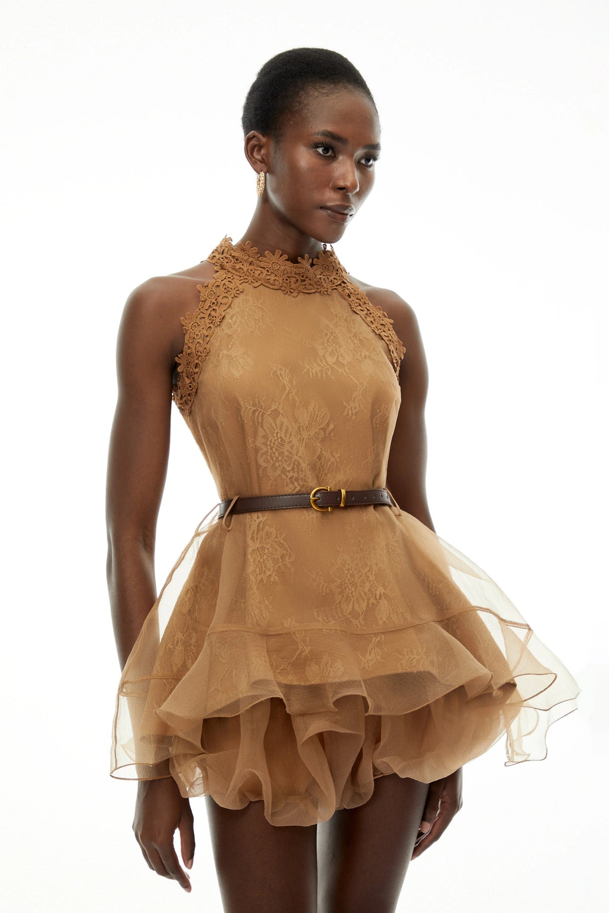 Holly Chocolate Brown Halterneck Mesh Mini Dress