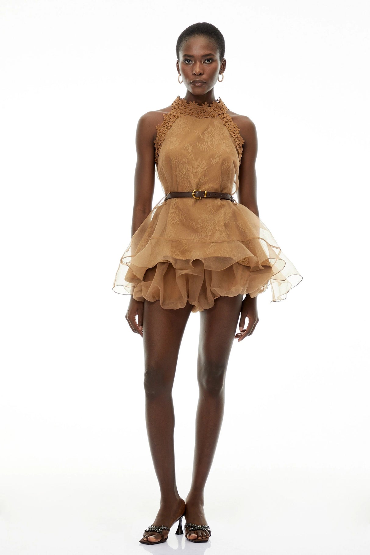 Holly Chocolate Brown Halterneck Mesh Mini Dress