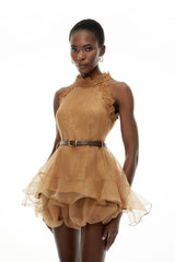 Holly Chocolate Brown Halterneck Mesh Mini Dress