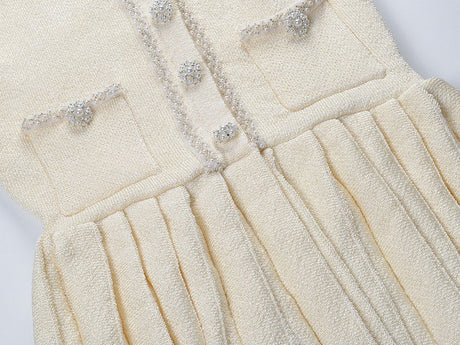 Holly Dress - Fitted Bodice - Flared Pleated Skirt - Tweed Design - Crystal Embellishments - Structured Waistline