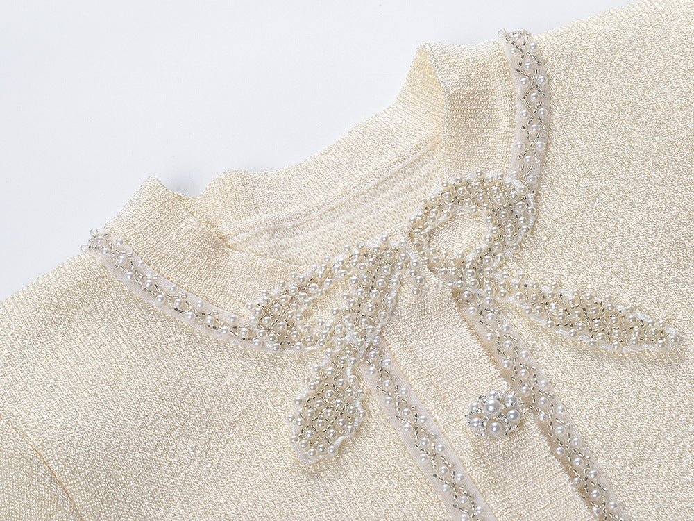 Holly Dress - Fitted Bodice - Flared Pleated Skirt - Tweed Design - Crystal Embellishments - Structured Waistline