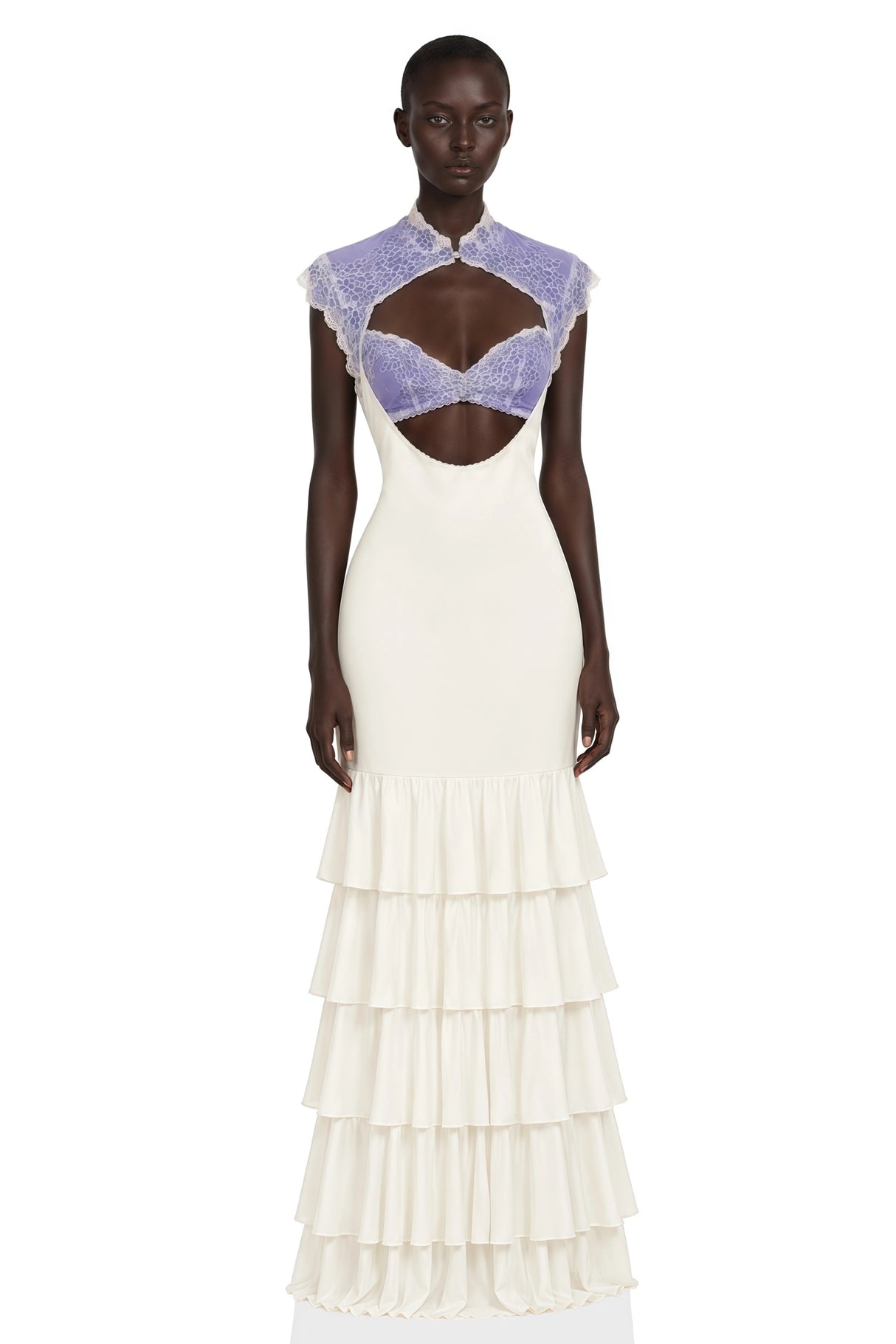 Holly Ivory Floral Lace Ruffled Maxi Dress with CutOuts