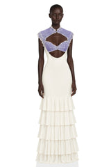 Holly Ivory Floral Lace Ruffled Maxi Dress with CutOuts