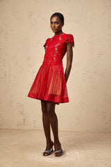 Holly Mini Dress Red Flower Embroidered & Pleated