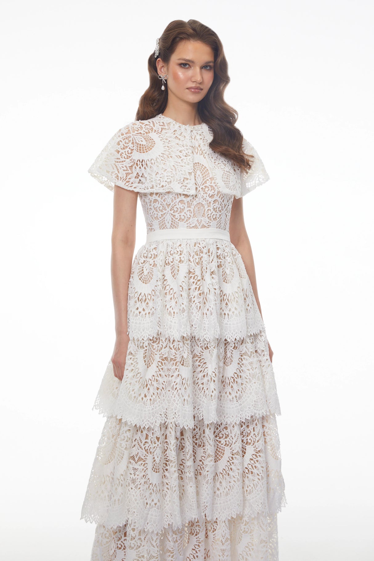 Homa White Tiered Lace Maxi Dress with Cape