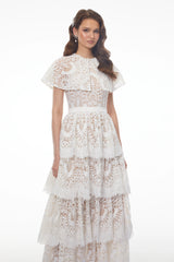 Homa White Tiered Lace Maxi Dress with Cape