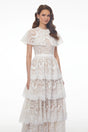 Homa White Tiered Lace Maxi Dress with Cape