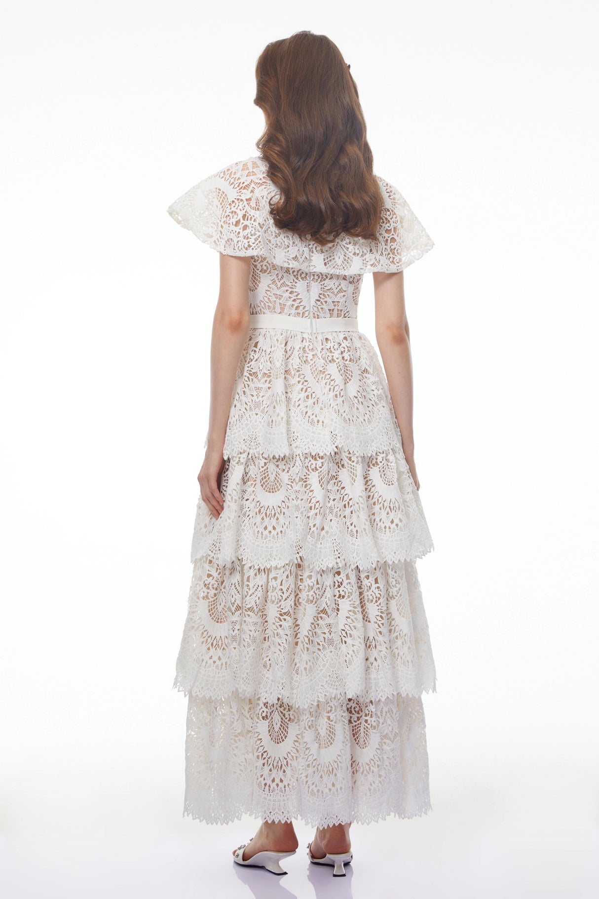 Homa White Tiered Lace Maxi Dress with Cape