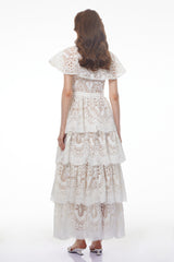 Homa White Tiered Lace Maxi Dress with Cape