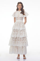 Homa White Tiered Lace Maxi Dress with Cape