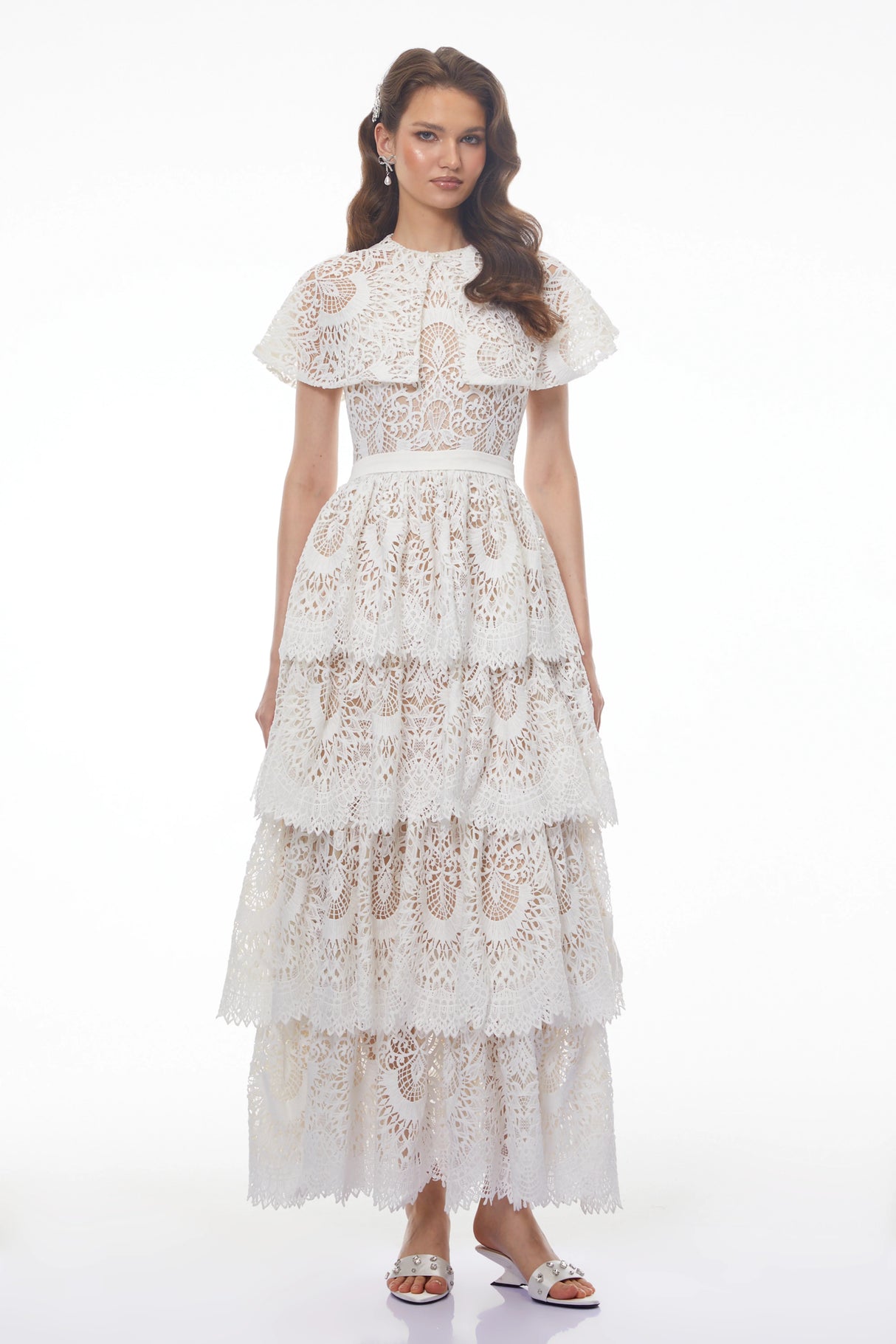 Homa White Tiered Lace Maxi Dress with Cape