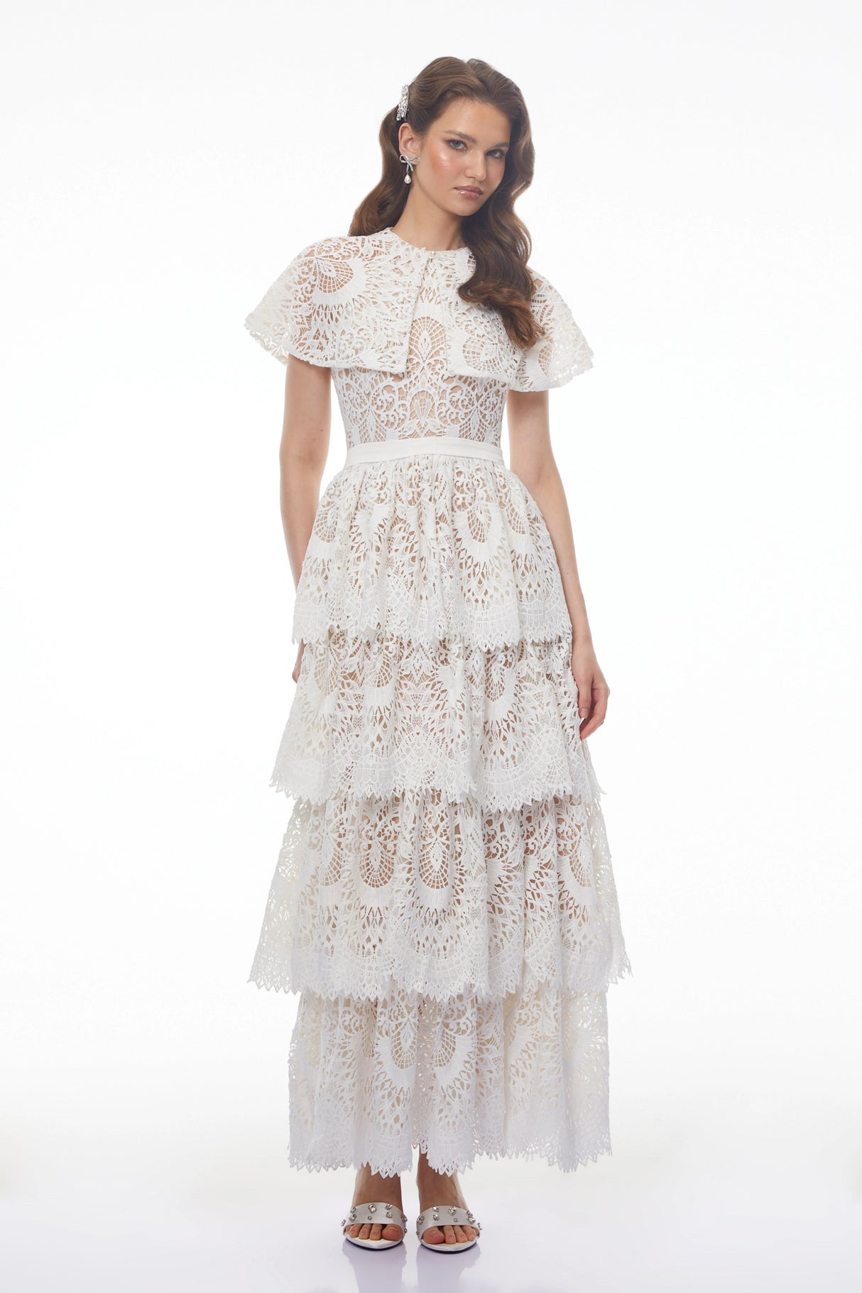 Homa White Tiered Lace Maxi Dress with Cape
