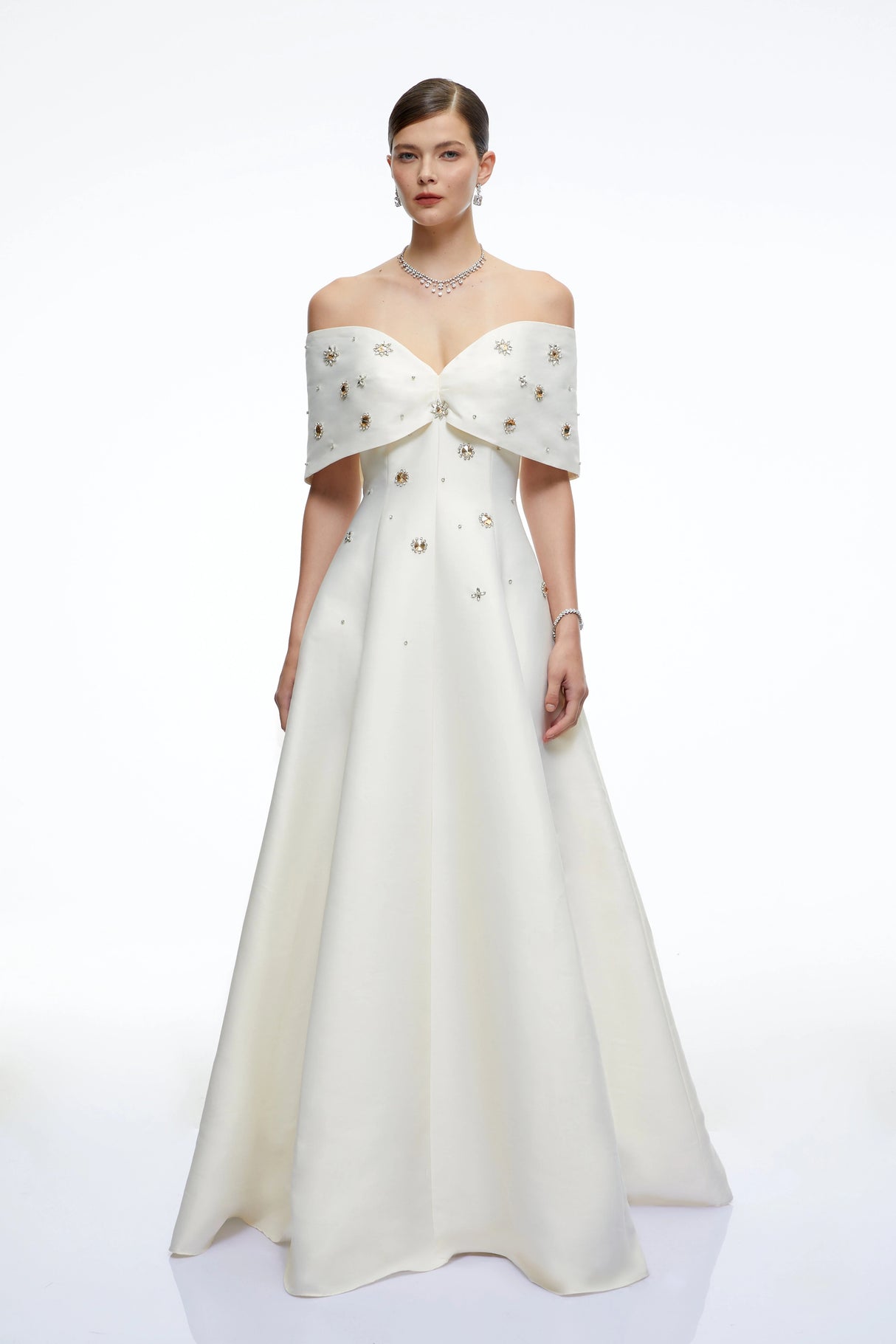 Honora Cream Beaded Off Shoulder Maxi Dress