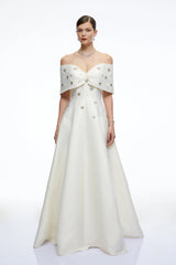 Honora Cream Beaded Off Shoulder Maxi Dress