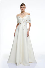 Honora Cream Beaded Off Shoulder Maxi Dress