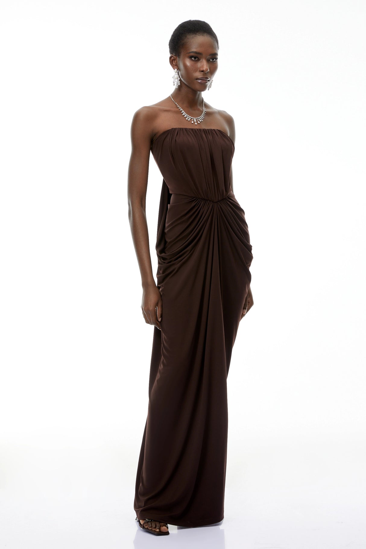Honoria Chocolate Brown Off Shoulder Maxi Dress