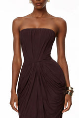 Honoria Chocolate Brown Off Shoulder Maxi Dress