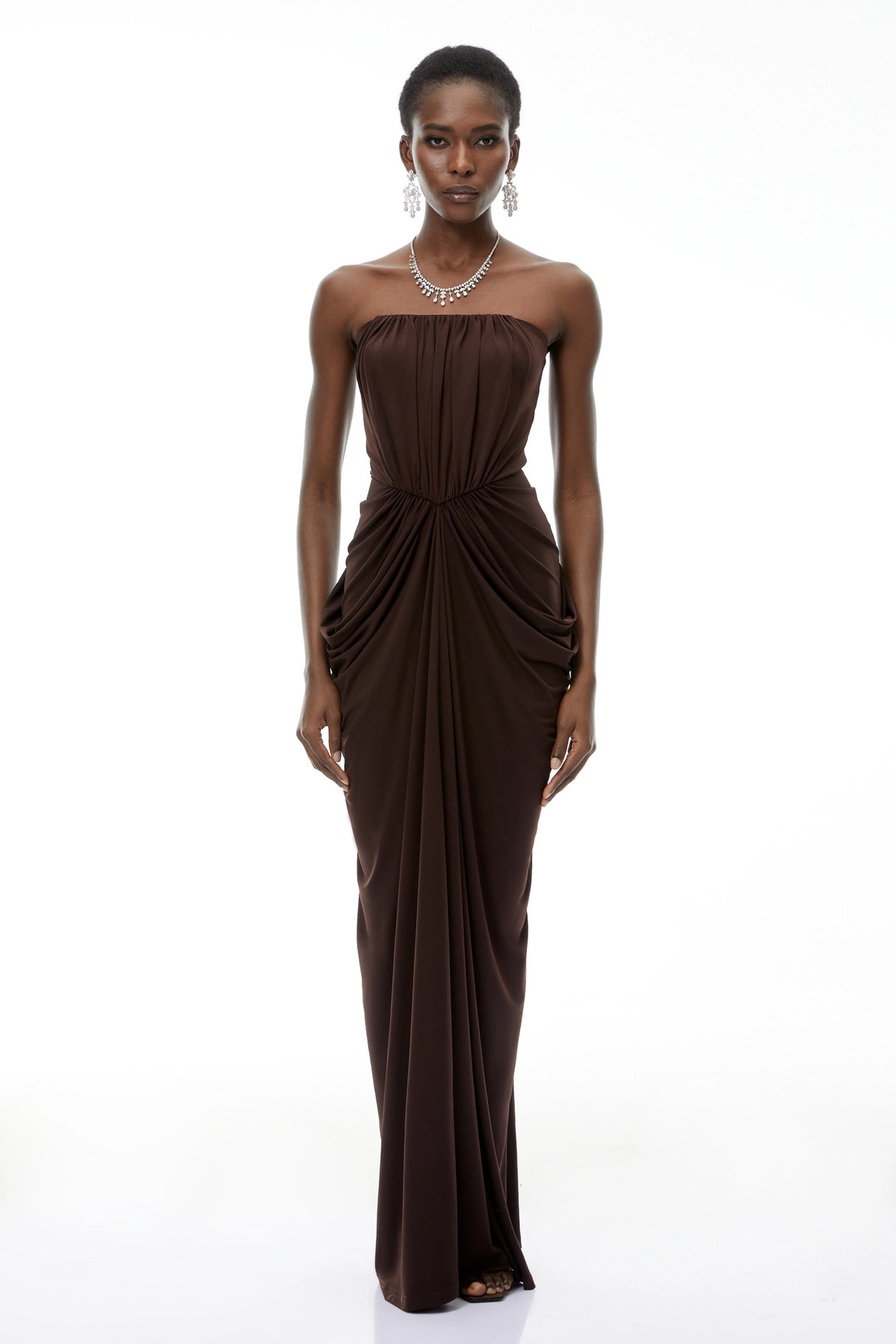 Honoria Chocolate Brown Off Shoulder Maxi Dress