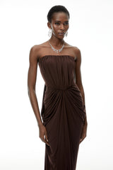 Honoria Chocolate Brown Off Shoulder Maxi Dress