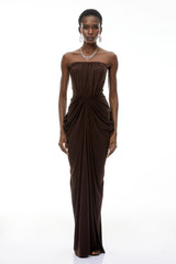 Honoria Chocolate Brown Off Shoulder Maxi Dress