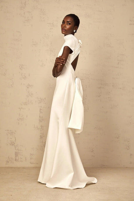 Hope Maxi Dress White Statement Bow Mermaid Hem & Open Back