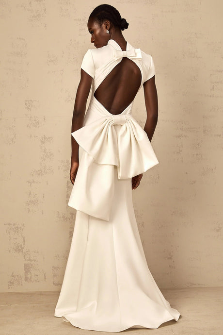 Hope Maxi Dress White Statement Bow Mermaid Hem & Open Back