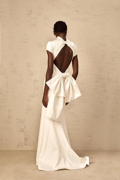 Hope Maxi Dress White Statement Bow Mermaid Hem & Open Back