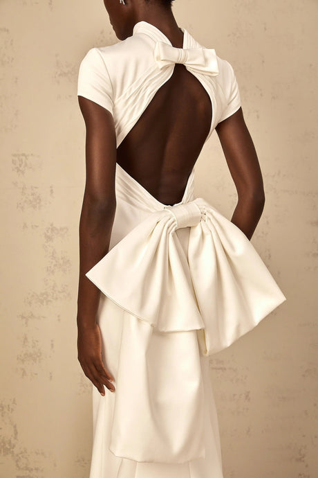 Hope Maxi Dress White Statement Bow Mermaid Hem & Open Back