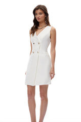 Hortense White VNeck Mini Dress with Metal Buttons