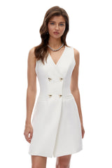 Hortense White VNeck Mini Dress with Metal Buttons
