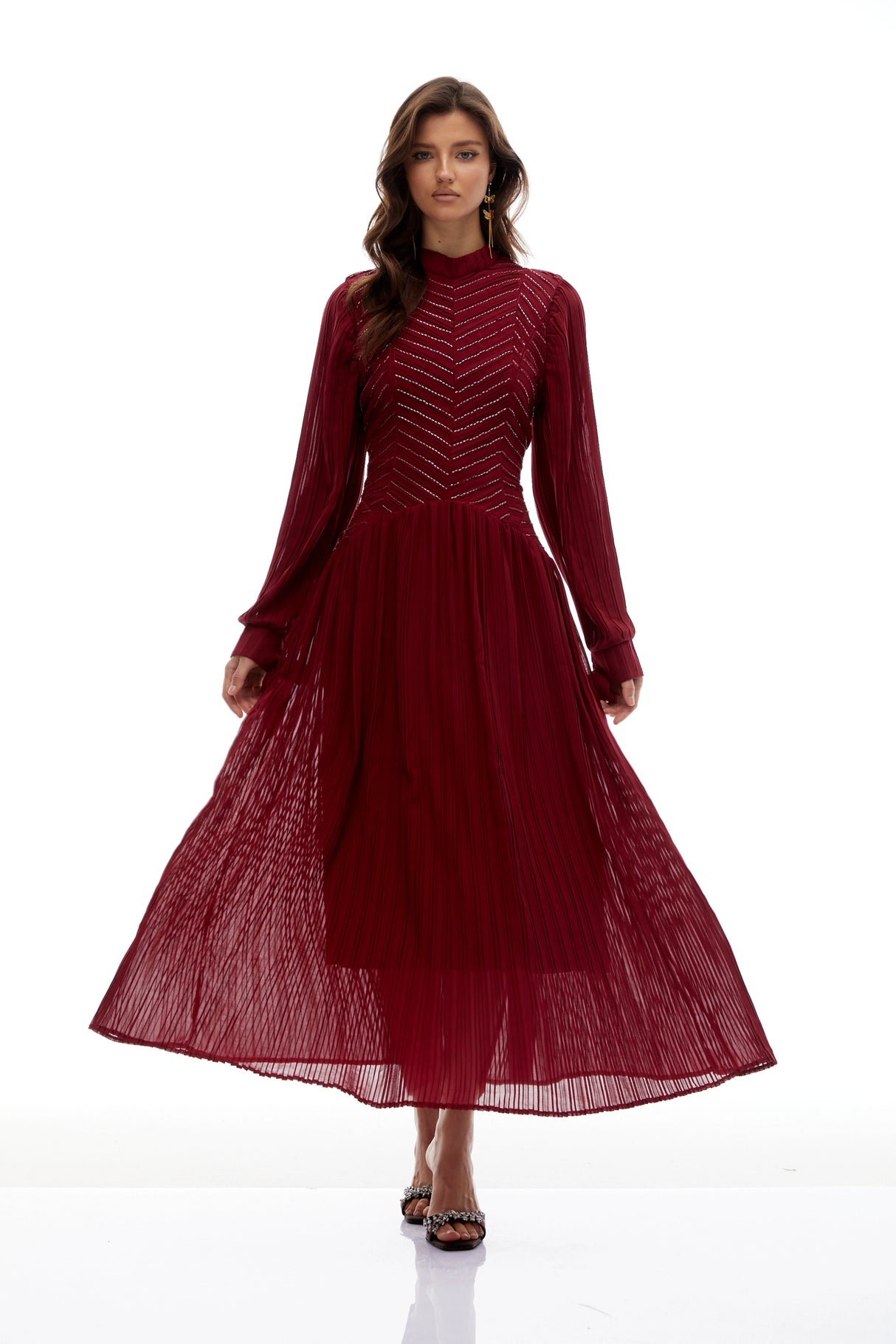 Hulda Burgundy Bead Embellished Ruched Maxi Dress