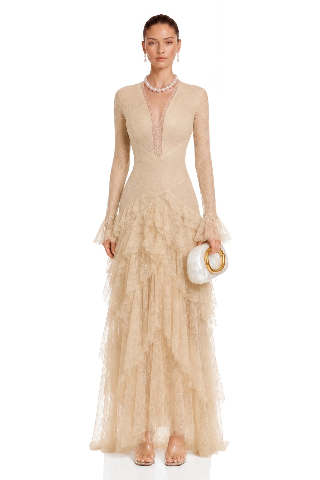 Humayma Beige Lace Tiered Midi Dress