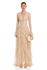 Humayma Beige Lace Tiered Midi Dress