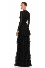 Humayma Black Lace Tiered Midi Dress