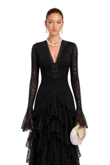 Humayma Black Lace Tiered Midi Dress
