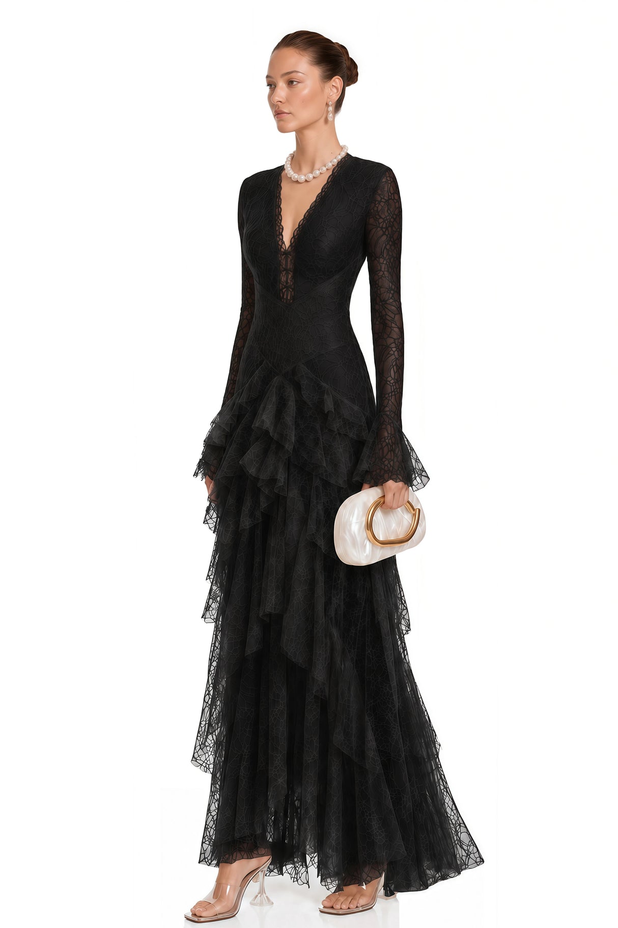 Humayma Black Lace Tiered Midi Dress