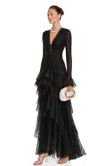 Humayma Black Lace Tiered Midi Dress