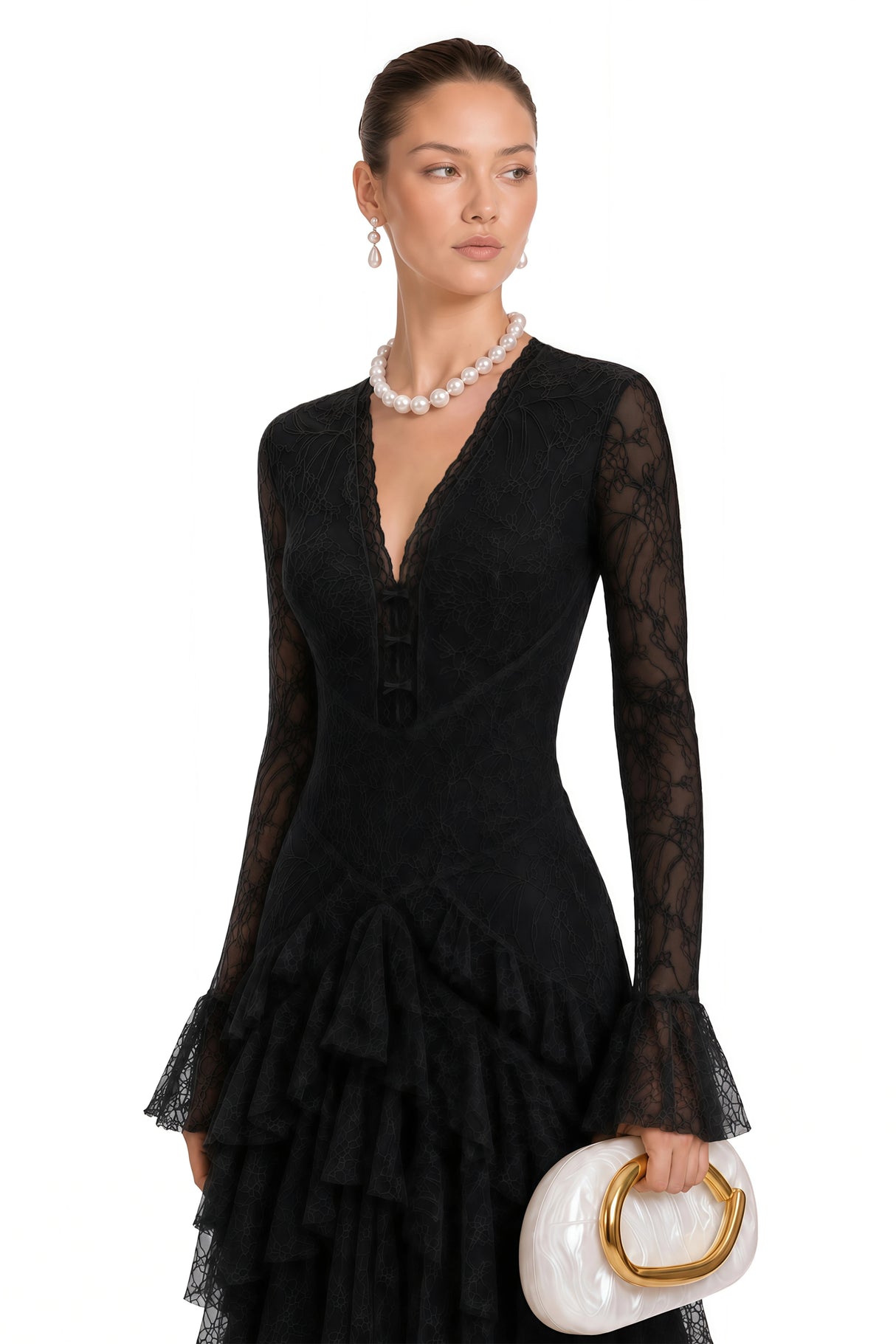 Humayma Black Lace Tiered Midi Dress