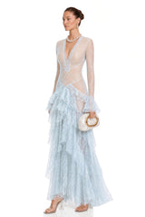 Humayma Blue Lace Tiered Midi Dress