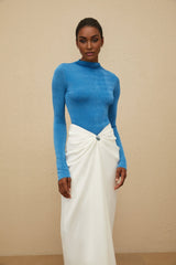 Hunter Bodysuit & Skirt Set - Turtleneck Top - Fitted Silhouette - Ruched Detailing - Embossed Hardware - Maxi Length